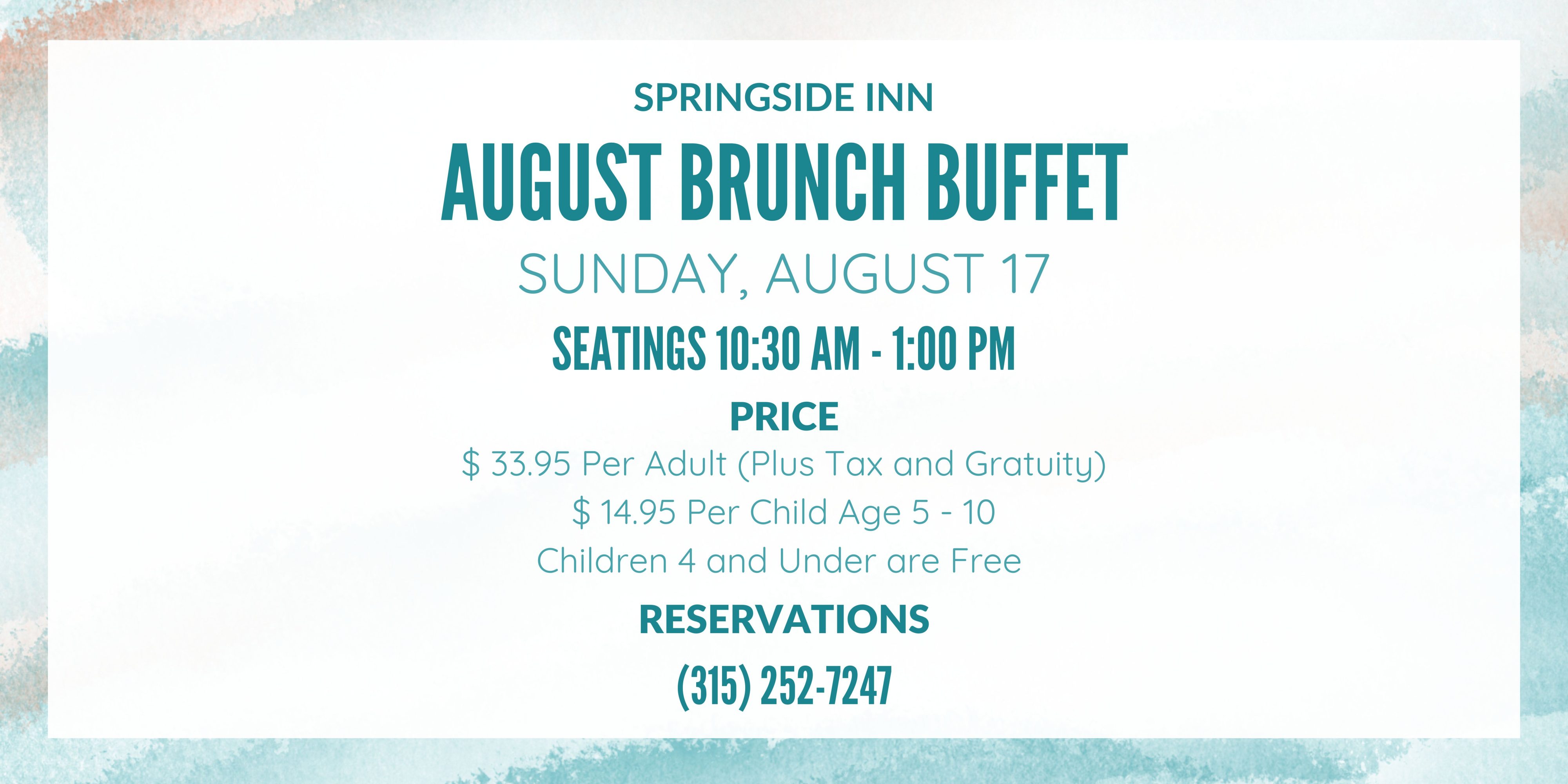 Monthly Brunch at Springside Inn - August brunch buffet on Sunday August 17