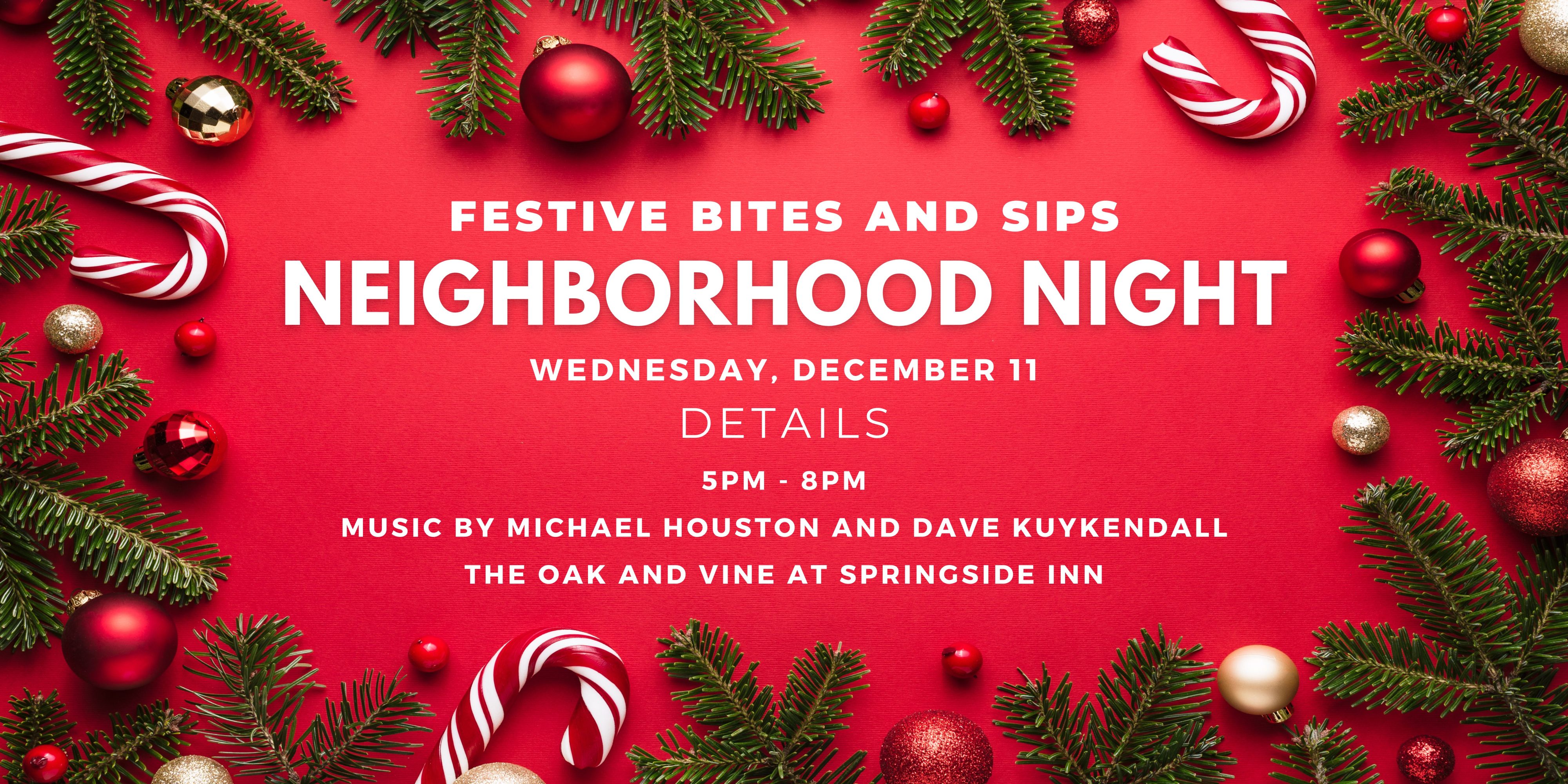 December Neighborhood Night Banner. Festive bites and Sips