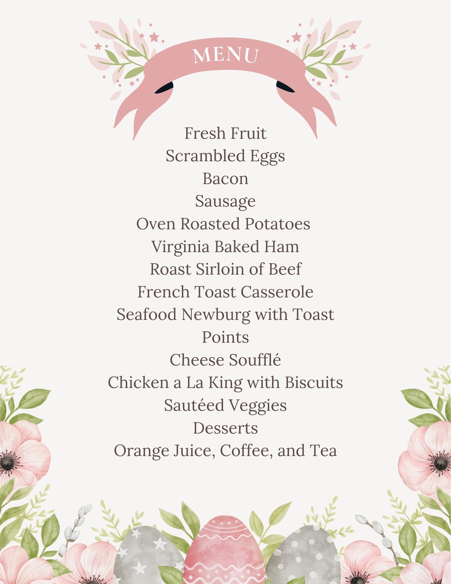 Springside Inn's Easter Brunch Buffet Menu