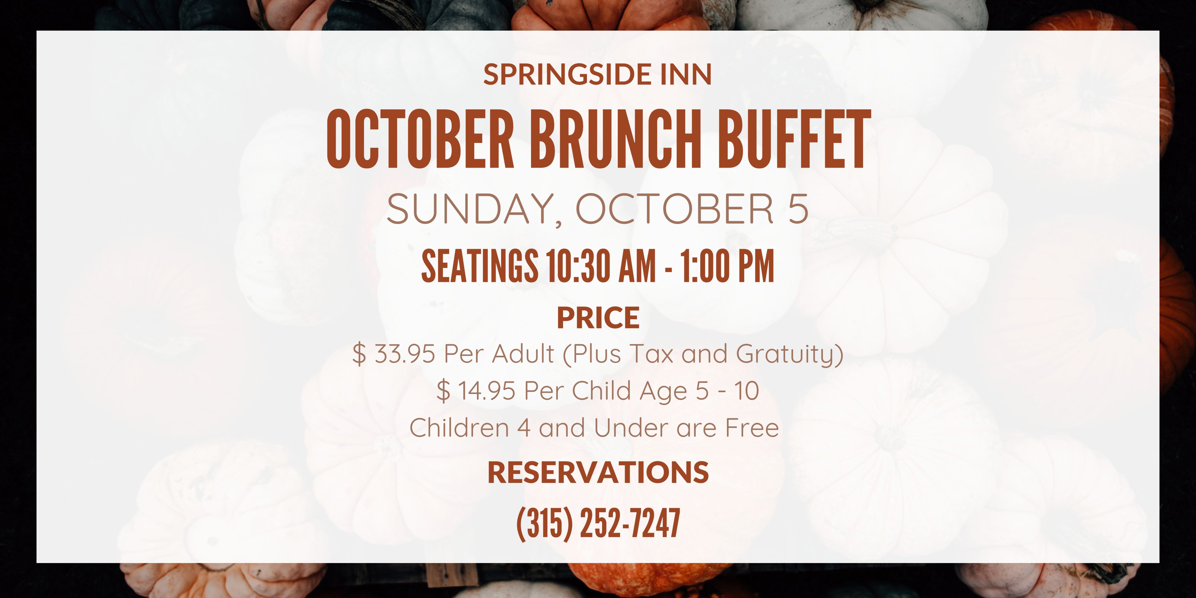 October brunch buffet banner for monthly brunch at Springside Inn in Auburn New York
