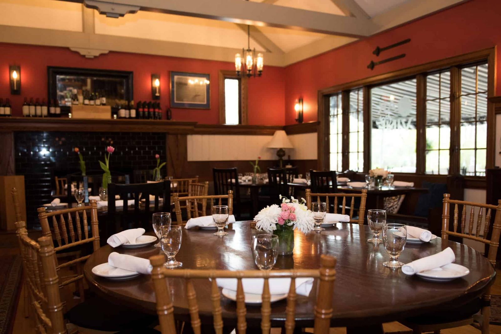 The rustic Oak and Vine dining room at Springside Inn